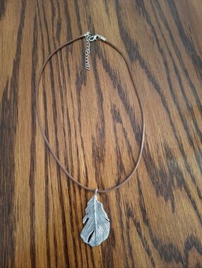 Feather Pendant Necklace Brown Cord 17" With 2" Extender Silvertone